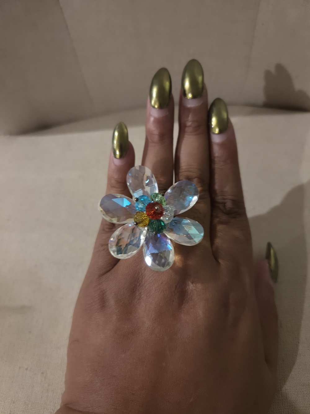Multicolor Crystal Flower Ring — Clear Petals with Vibrant Center